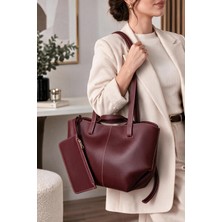 CLASSBAG Kadın Bordo Yavrulu (Fermuarsız) Geniş Hacimli Büyük Boy Omuz Çantası