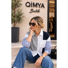 Qimya Butik Nox Kadın Çizgili Kolları Serpme Taşlı Penye Renk Bloklu Arkası V Yırtmaçlı Oversize Gömlek