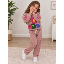 Esmer Bebe Kız Çocuk Pembe Çiçek Desenli 2’li Eşofman Takımı Sweatshirt ve Eşofman Altı