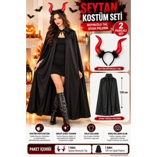 Toyfest Şeytan Boynuzlu Taç ve 120 cm Siyah Pelerin Ikili Set Cadılar Bayramı Halloween Cosplay