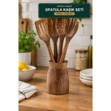 Viracasa Akasya Ahşap Spatula Kaşık Seti 4 Parça Kaşıklıklı Delikli Spatula Kevgir Servis Kaşığı