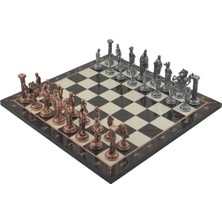 Tr Metal Satranç Takımı Büyük Ingiliz Antik Taş ve Ceviz Desenli Satranç Tahtası