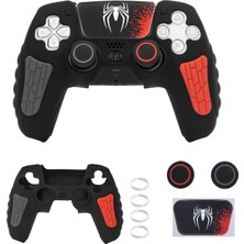 Tr Ps5 Dualsense Silikon Kılıf Siyah-Kırmızı Spider Desen, 2 Thumb Grip, Sticker, Analog Rings