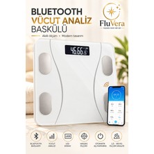 Fluvera Bluetooth Akıllı Vücut Analiz Baskülü Beyaz Dijital Tartı 180 kg Bmı Yağ Su Kas Ölçerpilli