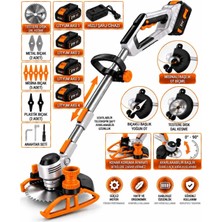Dragro 21V Kömürsüz Motor 2x Bataryalı Ot Çim Çalı Kenar Biçme Tırpan Makinesi 4 Akülü