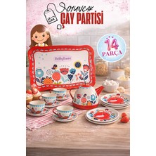 KoseToys Kız Çocuk Metal Evcilik Çay Seti 14 Parça Çaydanlık ve Fincan Seti