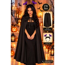 Toyfest Halloween Kostüm Seti 120 cm Siyah Pelerin Mor Yarasalı Sallanan Taç 2 Parça