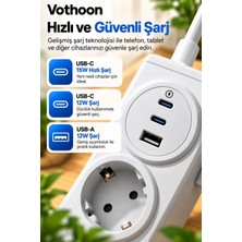 Emt Pazarlama® Vothoon 4’lü Akıllı Priz Tek Dokunuşla Fiş Çıkarma 2 Metre Kablo 2 Type-C + USB 15W Hızlı Şarj 3680W Krem