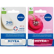 Prime Kiraz Dudak Bakım Kremi, 24 Saat Nem, Dudak Bakımı, Kiraz Kokusu, Hafif Kırmızı Işıltı (4,8gr) + Med Repair Dudak Bakım Kremi, 24 Saat Nem,doğal Yağlar ile Dudak Bakım,spf 15 (4,8 Ml)