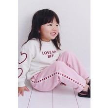 Magu Kız Çocuk Pamuklu Kalp Detaylı Ekru Sweatshirt ve Pembe Pantolon Takımı