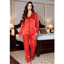 Loule Kadın Kırmızı Saten Gömlek Yaka Biyeli Düğmeli 2 Parça Uzun Kollu Pijama Takımı