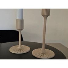 Alvera Modern Uzun Mum Tutucu Şamdan Çizgili Başlıklı Konik Mum Şamdanı 23 mm Bej