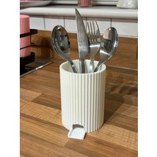 Alvera Çizgili Kaşıklık Süzgeçli Kaşık Çatal Bıçak Tutucu Lavabo Kenarı Mutfak Gereç Kabı Beyaz 11 cm