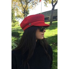 Külah Kadın Kırmızı Kasket Şapka Yün Flat Cap