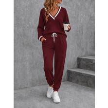 Trend Metkar Kadın Uzun Kollu V Yakalı Waffle Bluz ve Bağcıklı Pantolon Ikili Takım
