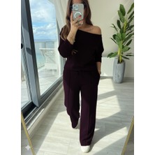 Trend Metkar Kadın Uzun Kollu Tek Omuzdan Açık Modal Bluz ve Pantolon Ikili Mürdüm Takım