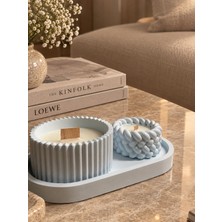 3 Parça Ahşap Fitil Mavi Dekoratif Mum Set