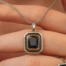 Bersel Butik Gümüş Lacivert Taşlı Dikdörtgen Kadın Kolye