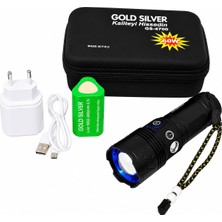Str Store Gold Sılver GS-4700 Şarjlı El Feneri, USB Type-C Şarjlı, 18650 Pilli, Cob Yan Işık, Zoomlu LED El Feneri, 5 Aydınlatma Modu, Alüminyum Gövde, Kamp Balıkçılık Acil Durum