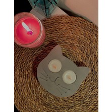 Gri Kedi Model Ahşap Fitil Tealight Mum
