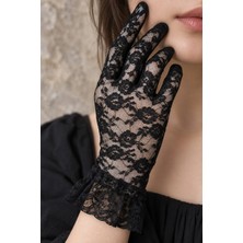 Külah Siyah Çiçek Dantelli Fırfırlı Eldiven - Abiye, Davet, Gotik, Halloween
