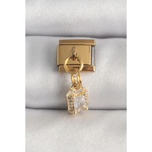 Efnaz Style 316L Çelik Gold Renk Sallantı Zirkon Taşlı Kare Model Nomination Charm
