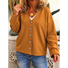 Sidelya Concept Kadın Düğme Detaylı V Yaka Oversize Camel Ceket / Hırka