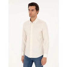 Cacharel Bej Slim Fit Çizgili Keten Karışımlı Gömlek