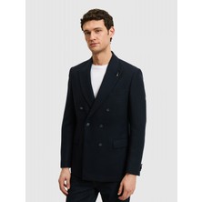 Cacharel Lacivert Slim Fit Yün Karışımlı Kruvaze Ceket