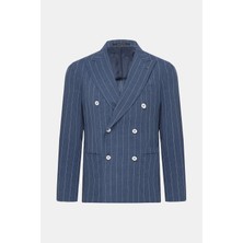 Tagliatore Vakko By Taglıatore Royal Mavi Sivri Yakalı Kruvaze Yarım Astarlı Çizgili Ceket