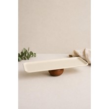Beige & Stone Ahşap Ayaklı Krem Paslanmaz Çelik Servis - Sunum Tabağı Dikdörtgen 33 cm Pasta Meyve Kek Standı