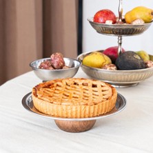 Beige & Stone Şık 23 cm Yuvarlak Ahşap Ayaklı Çelik Sunum Tepsisi