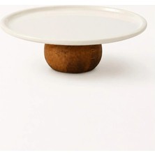 Beige & Stone Ahşap Ayaklı Krem Paslanmaz Çelik Servis - Sunum Tabağı Yuvarlak 22 cm Pasta Meyve Kek Standı