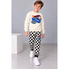 Yiğit Butik Erkek Çocuk Yarış Arabası Baskılı Sweatshirt Damalı Jogger Pantolon Alt Üst Takım