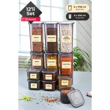 Stile Cucina 12 Adet Storage Etiketli Kare Erzak Saklama Kabı - Bakliyat Kabı 6X(550 Ml) 6X(1750 Ml) Antrasit