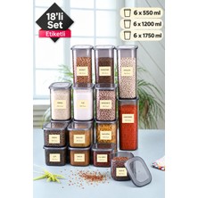 Stile Cucina 18 Li Kare Erzak Bakliyat Saklama Kabı Seti 6x(0,55-1,2-1,7 Litre) Etiket Hediyeli Çeyiz Seti
