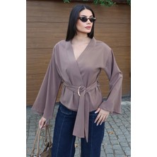 Kechi Woman Linda Twill Kumaş Kuşaklı Aksesuarlı Ceket Vizon