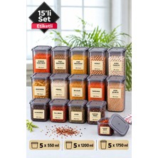 Stile Cucina 15 Li Kare Erzak Bakliyat Saklama Kabı Seti 5x(0,55-1,2-1,75 Litre) Etiket Hediyeli Çeyiz Seti