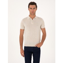 Cacharel Ecru Slim Fit Linen Blend Zip Polo Collar Knit T-Shirt