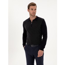 Cacharel Lacivert Slim Fit Pamuk Karışımlı Fermuarlı Polo Yaka Triko Kazak