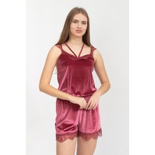Rosaleen Kadife Şortlu Kadın Pijama Takımı Bordo