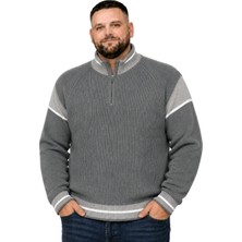 Battal Moda Erkek Büyük Beden Füme Hattush Fermuarlı Dik Yaka Desenli Triko Kazak 3xl-4xl-5xl-6xl