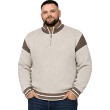 Battal Moda Erkek Büyük Beden Koyu Bej Hattush Fermuarlı Dik Yaka Desenli Triko Kazak 3xl-4xl-5xl-6xl