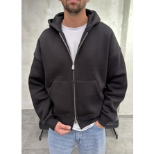 Difransel Jeans Çift Fermuarlı Şardonlu Oversize Siyah Fermuarlı Sweatshirt