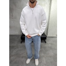Difransel Jeans Yaka Yarım Fermuarlı Şardonlu Beyaz Sweatshirt