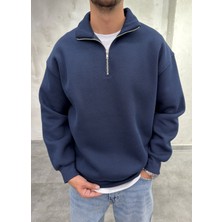 Difransel Jeans Yaka Yarım Fermuarlı Şardonlu Lacivert Sweatshirt