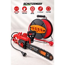 SCHUTZENGER 4200CW Elektrikli Ağaç Odun Kesme Hızar Motoru 40CM  ve 3x2,5 Seyyar Kablo 40 mt 4 Lü Priz Ikili Bahçe Seti Kırmızı