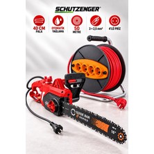 SCHUTZENGER 4200SW Elektrikli Ağaç Odun Kesme Hızar Motoru 40CM  ve 3x2,5 Seyyar Kablo 50 mt 4 Lü Priz Ikili Bahçe Seti Kırmız