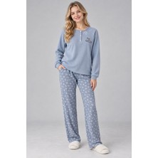 Kadın Mavi Waffle Patlı Reglan Kollu Nakış Detaylı Düğmeli Uzun Kollu Pijama Takımı