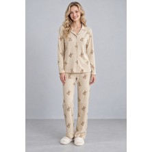 Kadın Bej Waffle Ayıcık Desenli Gömlek Yaka Inci Düğmeli Uzun Kollu Pijama Takımı